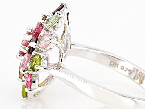2.60ctw Round Multi-Color Tourmaline Rhodium Over Sterling Silver Cluster Ring - Size 9