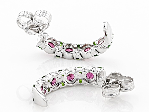 3.10ctw Raspberry Color Rhodolite and Chrome Diopside Rhodium Over Silver J-Hoop Earrings