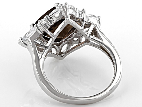 4.34CT CUSHION SMOKY QUARTZ WITH 2.43CTW WHITE TOPAZ RHODIUM OVER STERLING SILVER RING - Size 7