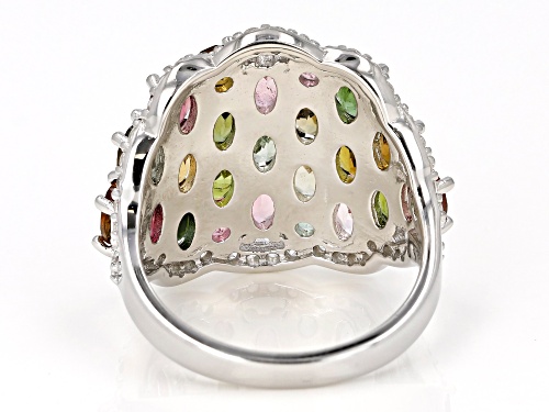 4.06ctw Oval & Round Multi-Color Tourmaline With .54ctw Zircon Rhodium Over Silver Cluster Band Ring - Size 8