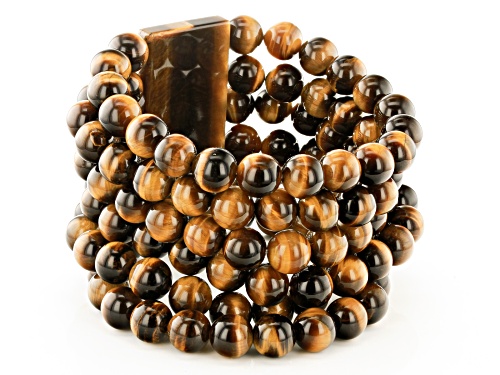 Rectangle And 10mm Round Bead Tiger's Eye Multi-Row Stretch Bracelet