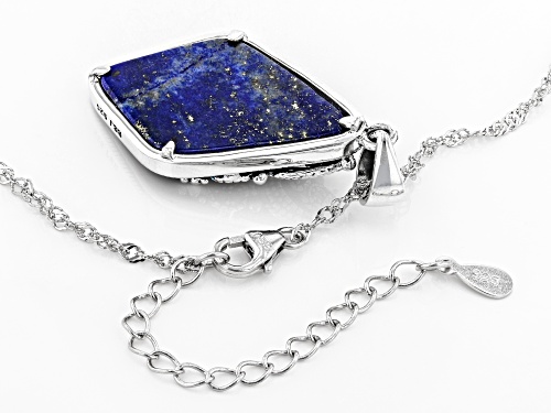 Free-Form Lapis Lazuli with Round Gray Marcasite Rhodium Over Sterling Silver Pendant with Chain