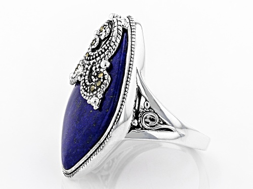 Free-Form Lapis Lazuli with Round Gray Marcasite Rhodium Over Sterling Silver Ring - Size 8