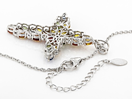 4.02ctw Marquise, Oval & Round Mixed-Color Sapphire Rhodium Over Silver Cross Pendant W/Chain