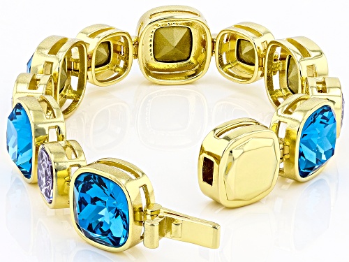 Off Park ® Collection, Blue and Purple Square Cushion Crystal Gold Tone Station Bracelet