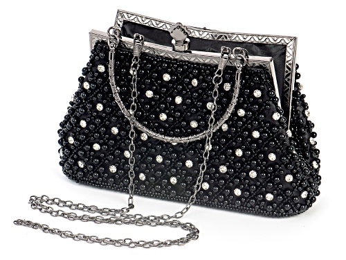Off Park ® Collection, Black Fabric and White Crystal Hematine Tone Clutch