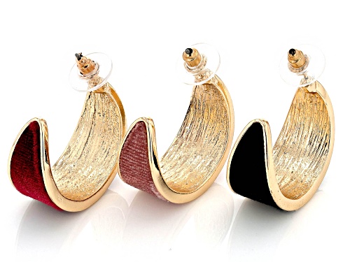Off Park® Collection, Pink, Burgundy & Black Velvet Gold Tone Set of 3 Hoop Earrings