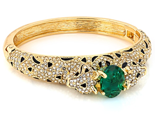 Off Park® Collection, White & Green Crystal Black Enamel Gold Tone Jaguar Bracelet