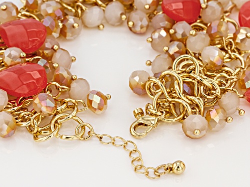 Off Park ® Collection, Coral Color Crystal,  Champagne Color Beads, Gold tone Statement Bracelet