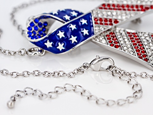 Off Park ® Collection, Red, White and Blue Crystal Silver Tone Ribbon Pin/Pendant With Chain
