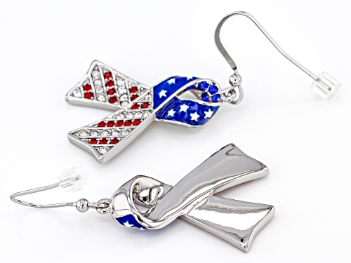 Off Park ® Collection, Red, White and Blue Crystal Silver Tone Ribbon Earrings