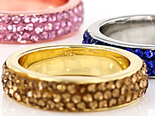 Off Park ® Collection, Round Pink, Blue & Yellow Crystal, Tri- color Band Rings Set of Three - Size 7
