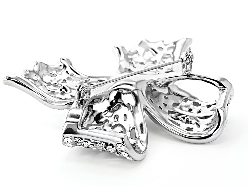 Off Park ® Collection, Round White Crystal With  Pearl Simulant Silver Tone Bow Brooch
