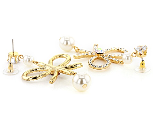 Off Park ® Collection, Gold Tone White Crystal and White Pearl Simulant Bow Earrings