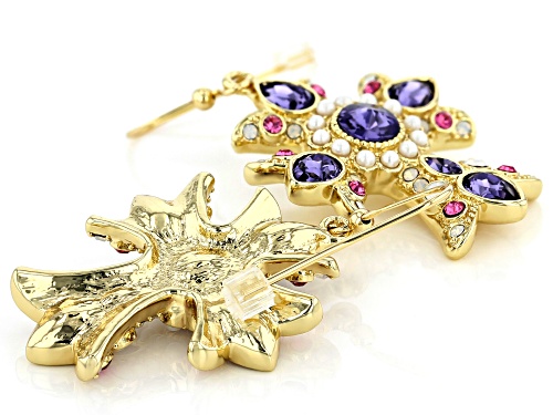 Off Park ® Collection, Rose and Purple Crystal Shiny Gold Tone, Cross Earrings.
