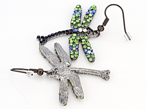 Off Park ® Collection, Green, Blue, and White Crystal Gunmetal Dragonfly Earrings