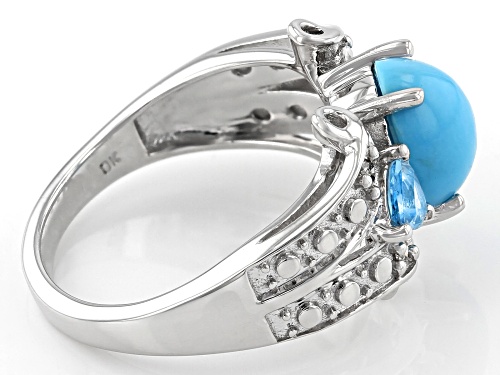 9x7mm Oval Sleeping Beauty Turquoise, 0.56ctw Swiss Blue Topaz And Diamond Rhodium Over Silver Ring - Size 9