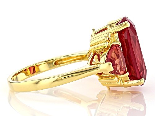 6.77ctw Lab Created Padparadscha Sapphire 18K Yellow Gold Over Silver 3-Stone Ring - Size 8