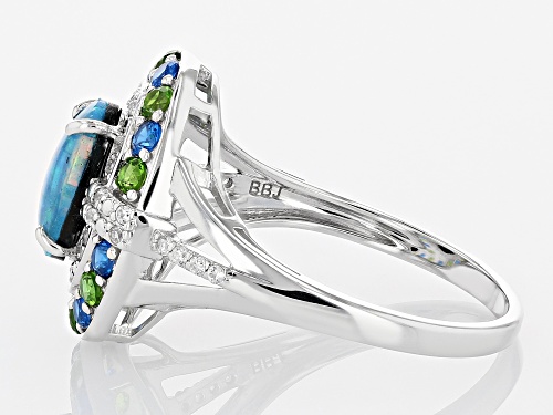 9x6mm Opal Triplet With Chrome Diopside, Lab Blue Spinel & White Zircon Rhodium Over Silver Ring - Size 7