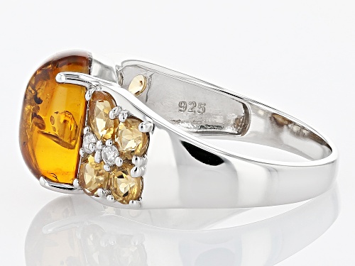 11x9mm Amber, 0.85ctw Brazilian Citrine, and 0.07ctw White Zircon Rhodium Over Silver Ring - Size 8