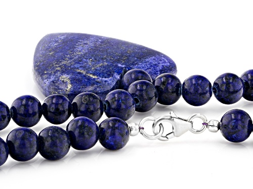 Pre-Owned 8mm Round Bead & 40x40mm Heart Shape Lapis Lazuli Sterling Silver Necklace - Size 21