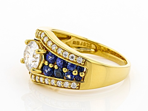 Pre-Owned MOISSANITE FIRE(R) 1.30CTW DEW AND BLUE SAPPHIRE 14K YELLOW GOLD OVER SILVER RING - Size 9