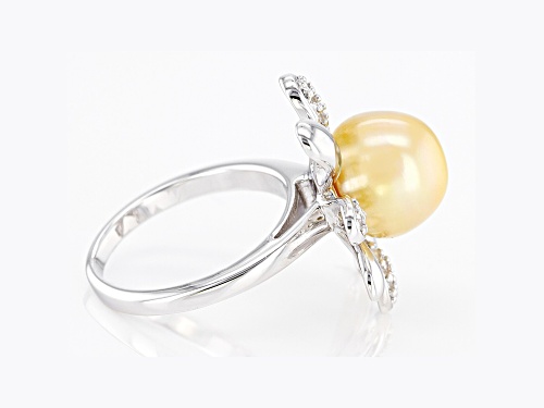 Pre-Owned Golden Cultured South Sea Pearl & White Topaz Rhodium Over Sterling Silver Ring - Size 10