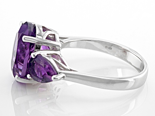 Pre-Owned 3.50ct Oval And 0.85ctw Pear shaped African Amethyst Rhodium Over Sterling Silver 3-Stone - Size 9