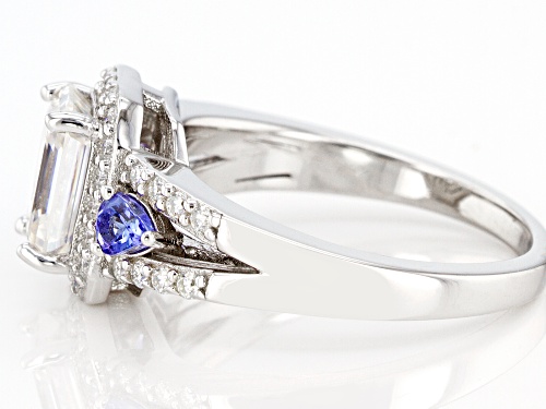 Pre-Owned MOISSANITE FIRE(R) 2.11CTW DEW EMERALD CUT & ROUND WITH TANZANITE PLATINEVE(R) RING - Size 7