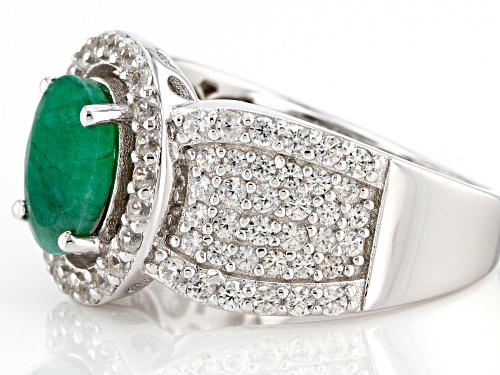 Pre-Owned 1.90ct Oval Emerald With 1.35ctw Round White Zircon Rhodium Over Sterling Silver Ring - Size 8