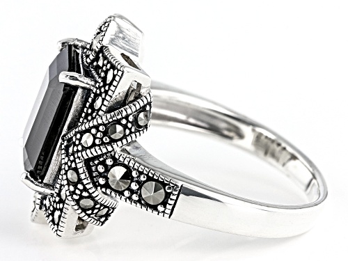 Pre-Owned 3.23ct Rectangular Octagonal Black Spinel With Round Marcasite Sterling Silver Ring - Size 7