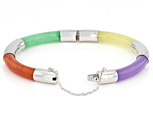 Pre-Owned Pacific Style™ Multi-Color Jadeite Rhodium Over Sterling Silver Bangle Bracelet - Size 7.5
