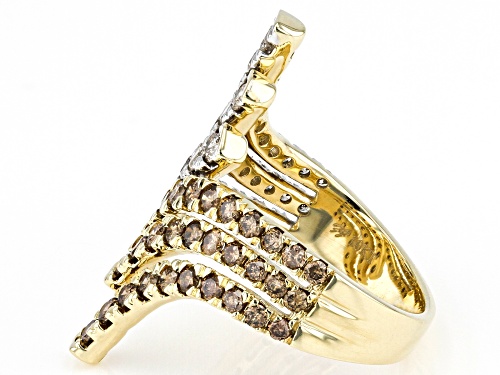 Pre-Owned 2.10ctw Round Champagne And White Diamond 10k Yellow Gold Bypass Ring - Size 7