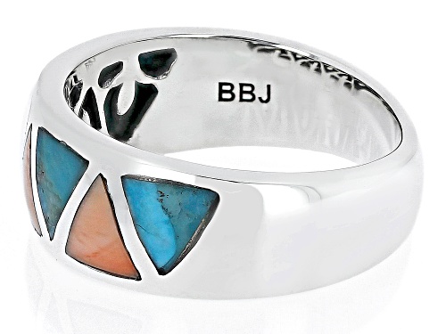 Pre-Owned Southwest Style By JTV™ Turquoise & Shell Rhodium Over Silver Geometric Band Ring - Size 10