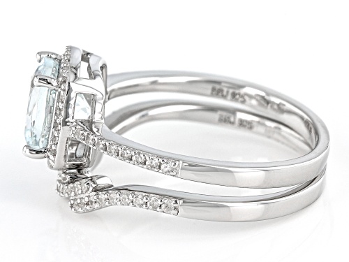 Pre-Owned 1.15ct Cushion Aquamarine With 0.38ctw White Zircon Rhodium Over Sterling Silver Ring Set - Size 9