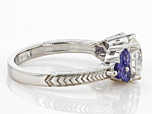 Pre-Owned MOISSANITE FIRE(R) 2.10CT DEW ROUND PORTUGUESE CUT & ROUND TANZANITE PLATINEVE(R) RING - Size 6