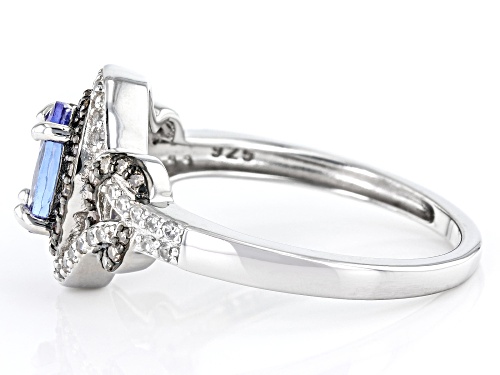 Pre-Owned 0.81ct Tanzanite, 0.17ctw Champagne Diamond And 0.16ctw White Zircon Rhodium Over Silver R - Size 6