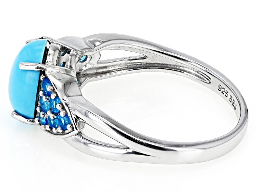 Pre-Owned 9x7mm Oval Sleeping Beauty Turquoise With 0.31ctw Neon Apatite Rhodium Over Sterling Silve - Size 7