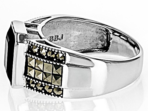 Pre-Owned 4.10ct Rectangular Octagonal Black Spinel With Round Marcasite Sterling Silver Ring - Size 6