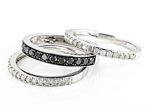 Pre-Owned 1.00ctw Round Black And White Diamond Rhodium Over Sterling Silver Set of 3 Band Rings - Size 6