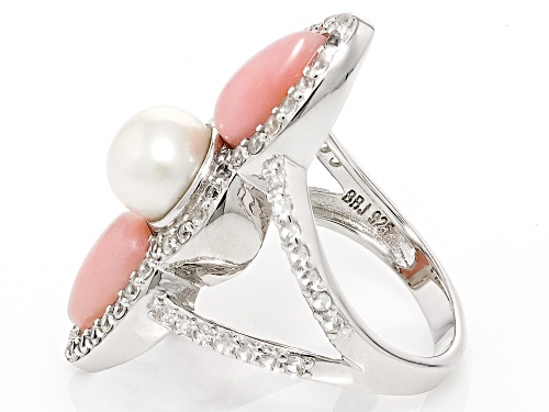 Pre-Owned 7.5-8mm Cultured Freshwater Pearl with Peruvian Pink Opal & White Zircon Rhodium Over Silv - Size 8