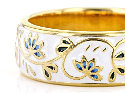 Pre-Owned Pacific Style™ Multi-Color Enamel 18k Yellow Gold Over Brass Floral Band Ring - Size 6