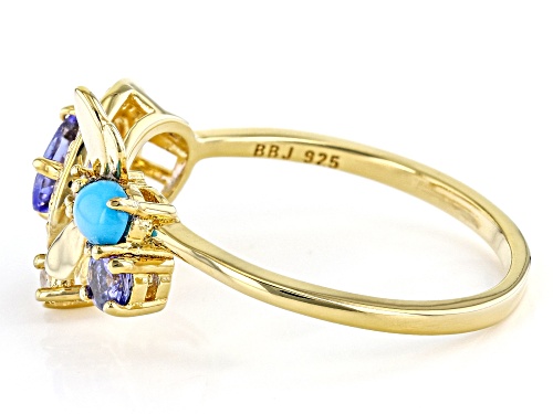 Pre-Owned 0.72ctw Tanzanite, White Zircon & 4x3mm Sleeping Beauty Turquoise 18k Yellow Gold Over Sil - Size 8