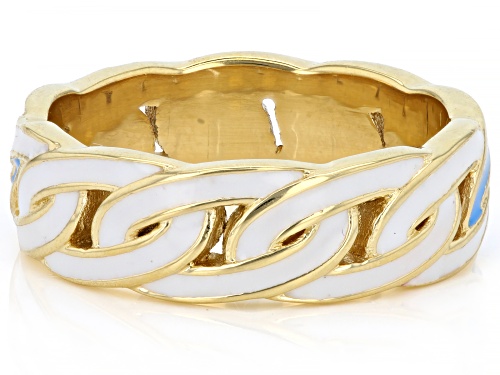 Pre-Owned Pacific Style™ White & Teal Enamel 18k Yellow Gold Over Brass Chainlink Band Ring - Size 6