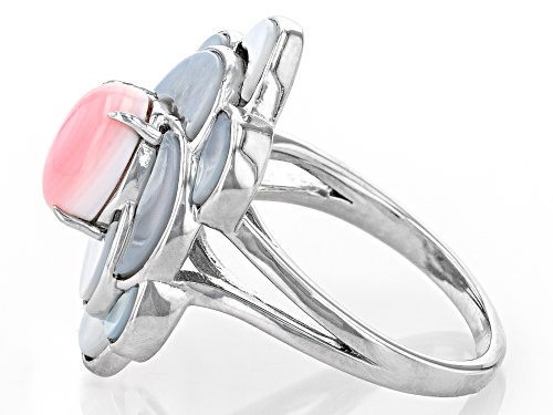 Pre-Owned Pacific Style™ Pink Conch Shell and White Mother-of-Pearl Rhodium Over Sterling Silver Rin - Size 11