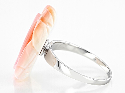Pre-Owned Pacific Style™ 25mm Flower Carved Pink Conch Shell Rhodium Over Sterling Silver Ring - Size 12