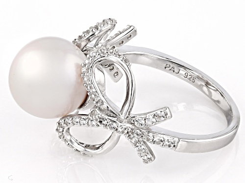 Pre-Owned 10-10.5mm White Cultured Freshwater Pearl and White Zircon Rhodium Over Sterling Silver Bo - Size 12