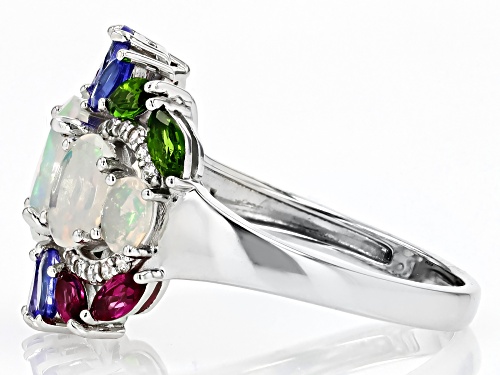 Pre-Owned 1.37ctw Oval Ethiopian Opal With 1.31ctw Multi-Gem Rhodium Over Sterling Silver Ring - Size 9
