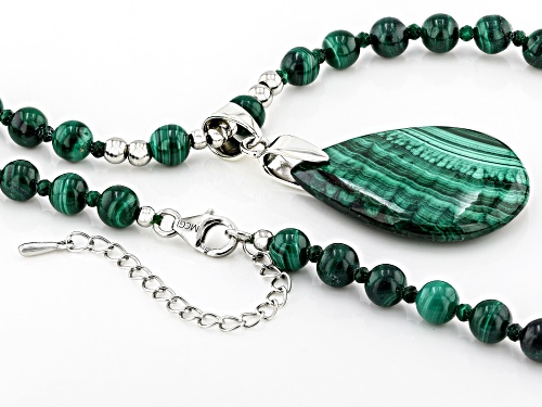 Pre-Owned 34x24mm Pear Shape Malachite Rhodium Over Sterling Silver Drop Necklace - Size 18