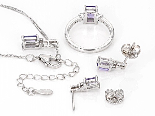 Pre-Owned 1.57ctw Tanzanite With 0.13ctw White Zircon Platinum Over Silver Ring, Earrings, & Pendant